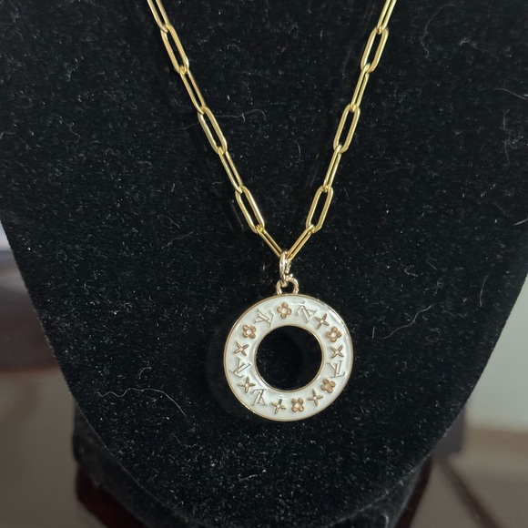 Louis Vuitton White Pendant 18” Stainless Steel Gold Plated Paperclip Chain - Picture 3 of 7